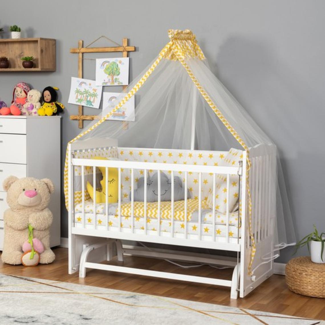 Bamgidoo Ahşap Lake Beyaz Renk Anne Yanı Beşik 3 Kademeli Sallanan Ahşap Beşik 60 x 120 cm - Sarı Yıldız Uyku Setli & Soft Yataklı