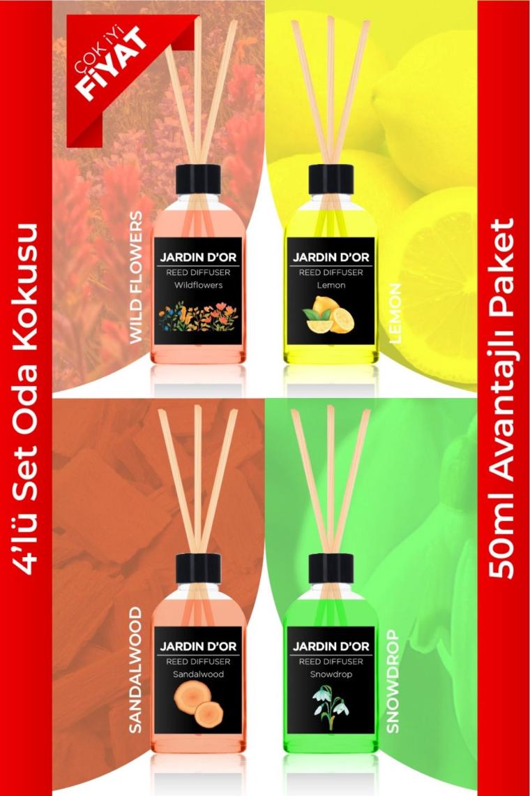 4'lü Çubuklu Oda Kokusu Seti- 50 ml (Kır Çiçekleri-Kardelen-Limon-Sandal Ağacı) Reed