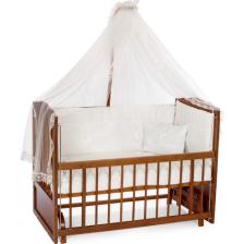 Bamgidoo Ahşap Ceviz Renk Anne Yanı Beşik 3 Kademeli Sallanan Ahşap Beşik 60 x 120 cm - Krem Güpürlü Uyku Setli & Soft Yataklı