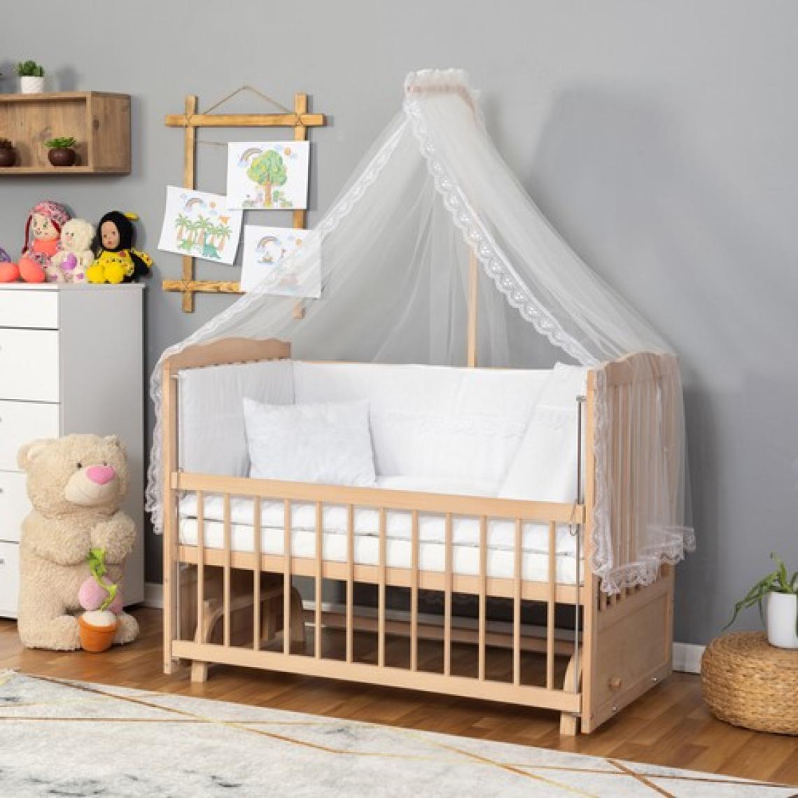 Bamgidoo Ahşap Organik Beşik Anne Yanı Beşik 3 Kademeli Lüx Bebek Beşiği 60 x 120 cm - Krem Güpür Uyku Setli & Soft Yataklı