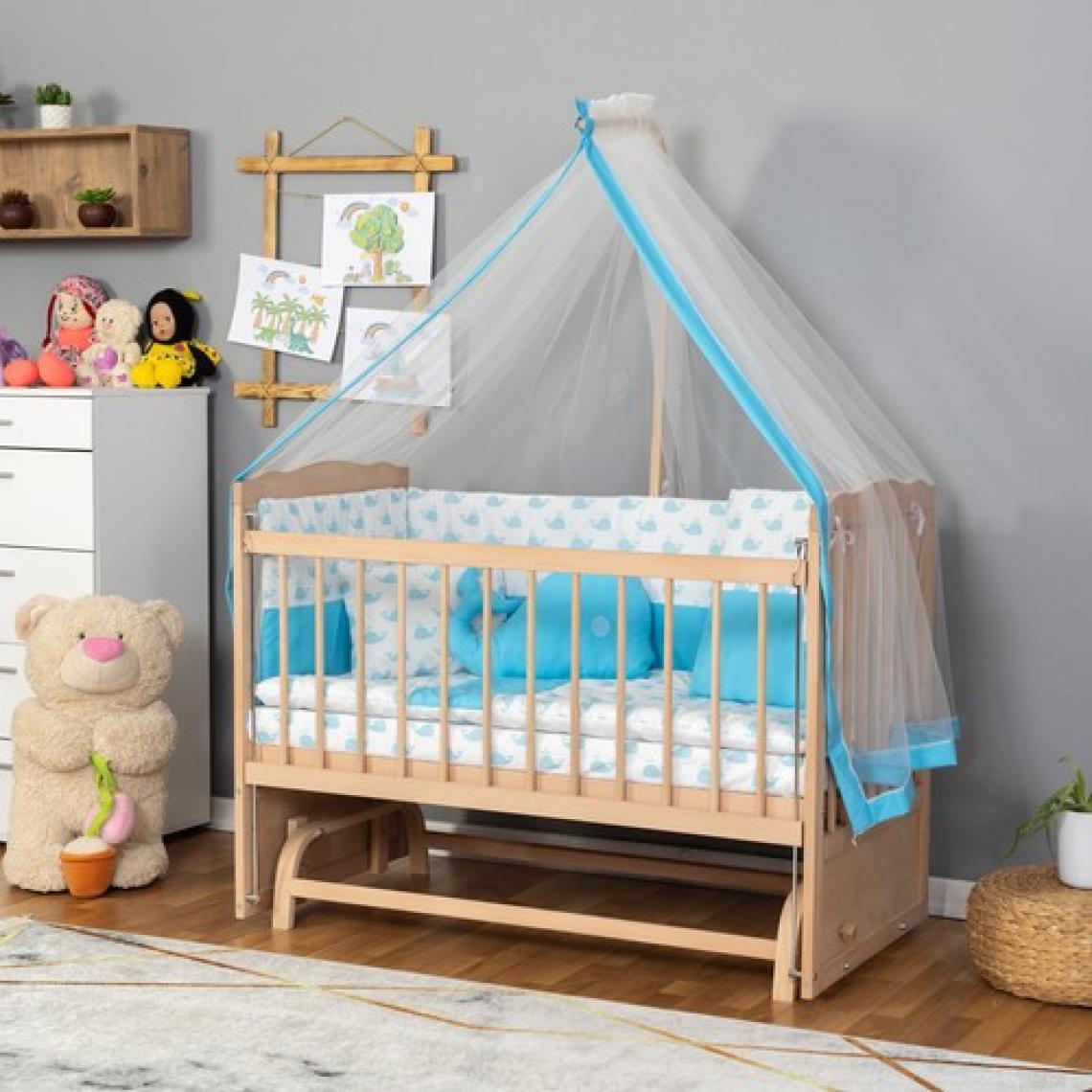 Bamgidoo Ahşap Organik Beşik Anne Yanı Beşik 3 Kademeli Lüx Bebek Beşiği 60 x 120 cm - Mavi Balina Uyku Setli & Soft Yataklı
