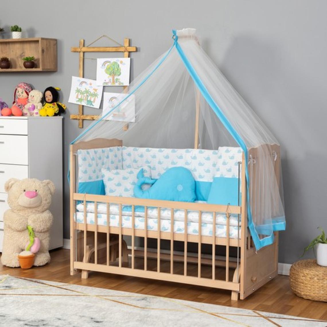 Bamgidoo Ahşap Organik Beşik Anne Yanı Beşik 3 Kademeli Lüx Bebek Beşiği 60 x 120 cm - Mavi Balina Uyku Setli & Soft Yataklı