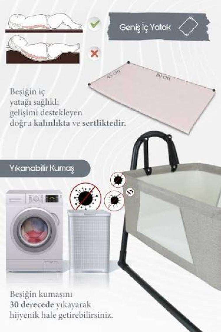 Perilla Sallanır Portatif Cibinlikli Anne Yanı Bebek Beşik Kahverengi