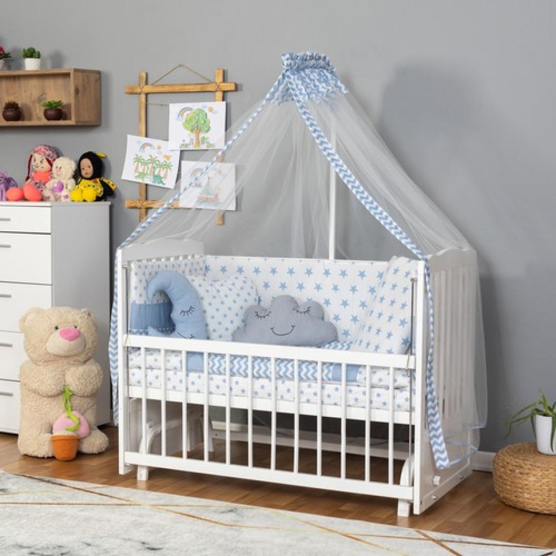 Bamgidoo Ahşap Lake Beyaz Renk Anne Yanı Beşik 3 Kademeli Sallanan Ahşap Beşik 60 x 120 cm - Mavi Yıldız Uyku Setli & Soft Yataklı