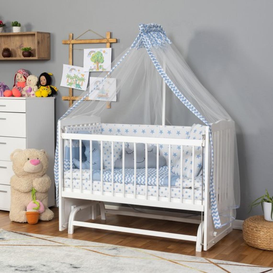 Bamgidoo Ahşap Lake Beyaz Renk Anne Yanı Beşik 3 Kademeli Sallanan Ahşap Beşik 60 x 120 cm - Mavi Yıldız Uyku Setli & Soft Yataklı