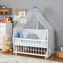 Bamgidoo Ahşap Lake Beyaz Renk Anne Yanı Beşik 3 Kademeli Sallanan Ahşap Beşik 60 x 120 cm - Mavi Yıldız Uyku Setli & Soft Yataklı