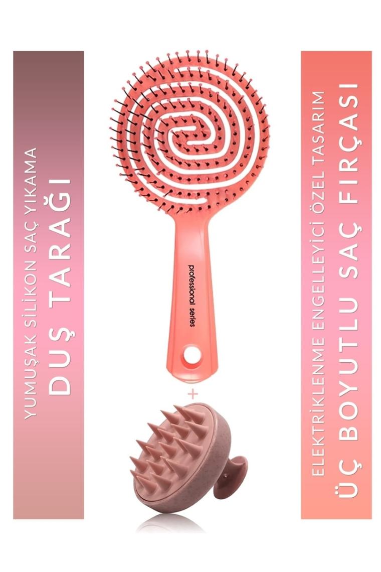 Muggio Pembe Pro Üç Boyutlu Oval Saç Fırçası + Pembe Silikon Duş Masaj Tarağı