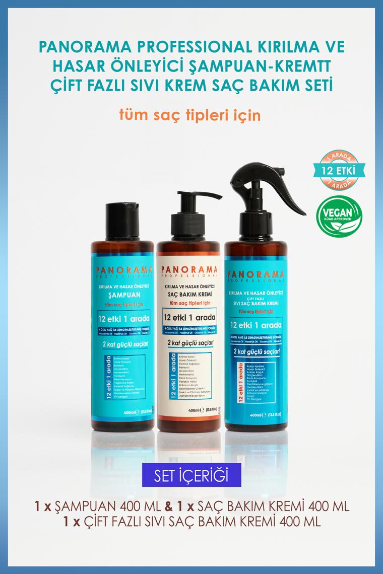 Panorama Professional Kırılma ve Hasar Önleyici Bakım Seti 2 Kat Güçlü Saçlar 12 Etki 1 Arada 400 ml Şampuan + 400 ml Saç Bakım Kremi + 400 ml Sıvı Saç Kremi (Fön Suyu)