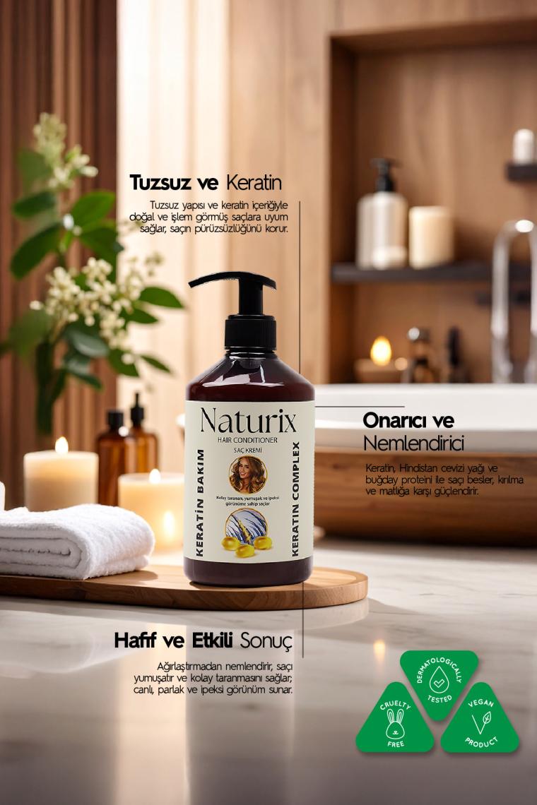 Naturix 3'lü Onarıcı Keratin Bakım Kolay Tarama Tuzsuz Saç Kremi 500 ml