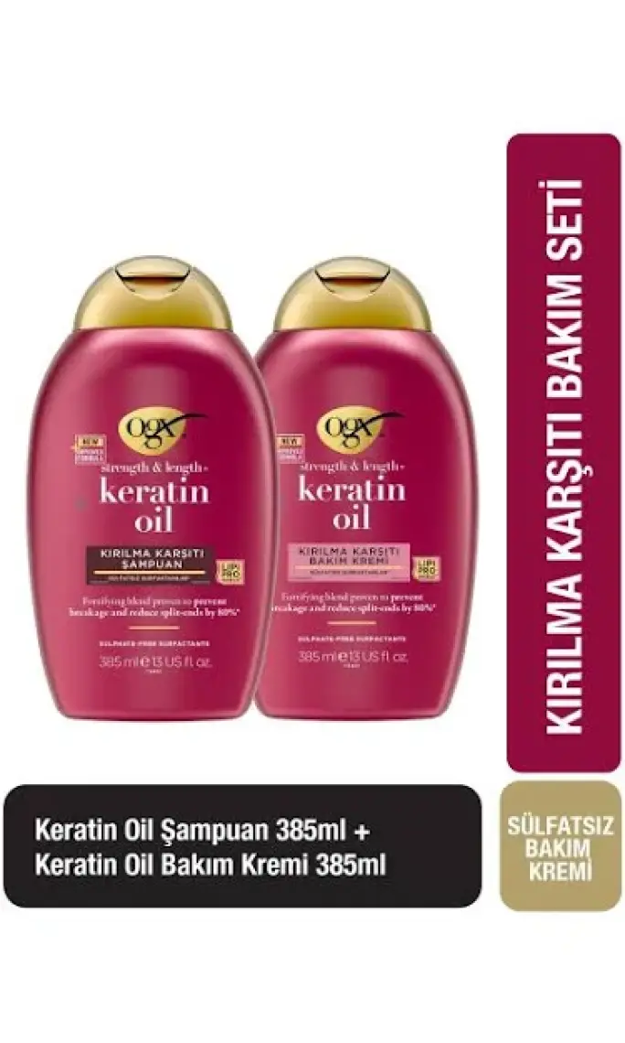 OGX Kırılma Karşıtı Keratin Oil Sülfatsız Şampuan 385 ml + Sülfatsız Saç Bakım Kremi 385 ml