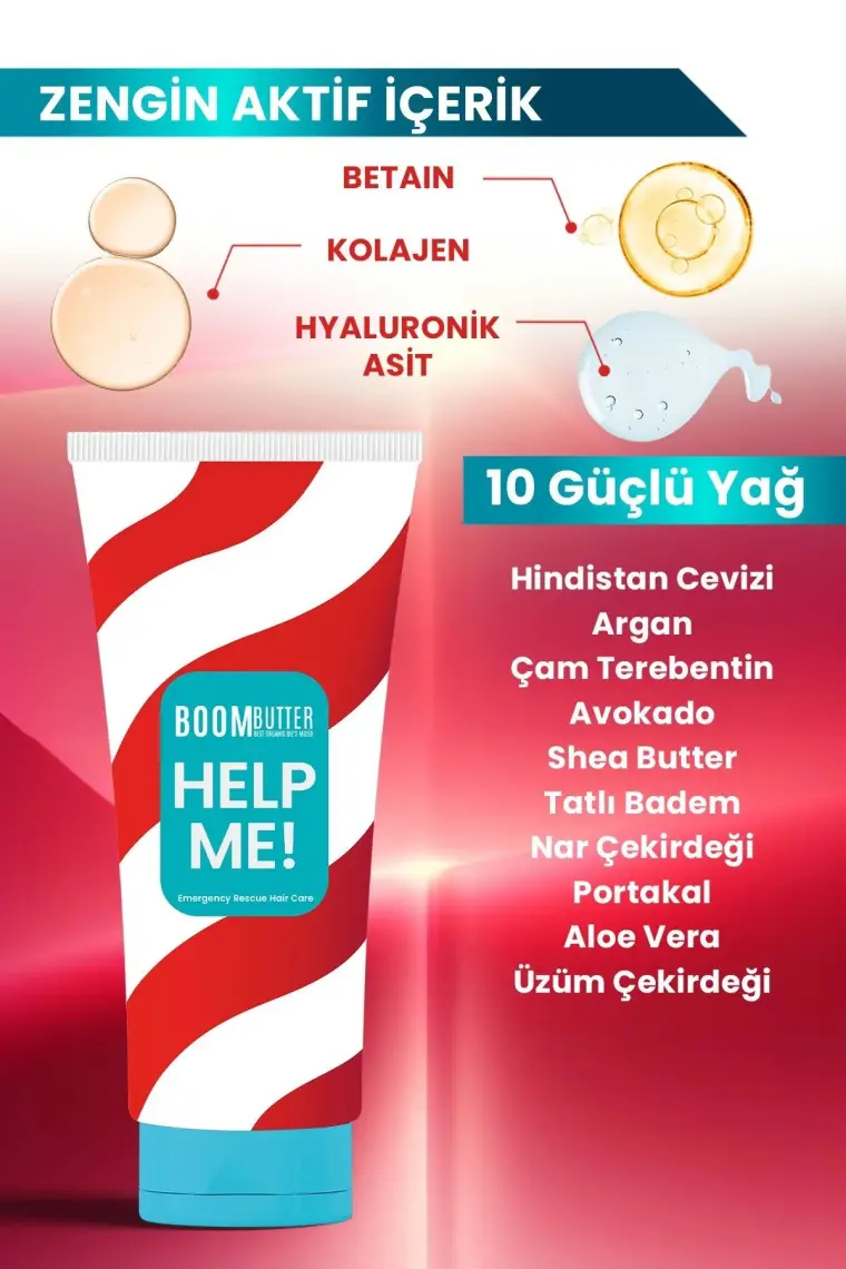 Boom Butter Help Me Saç Bakım Kremi - Acil Onarıcı ve Parlatıcı, 10 Doğal Yağ ve Kolajen ile Zenginleştirilmiştir, 200 ml