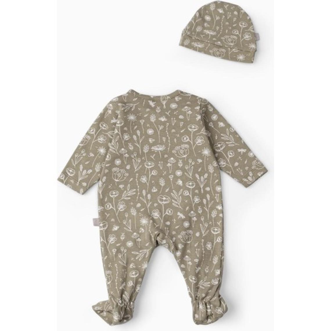 Boumini Bebek Patikli Tulum Şapka Set Bahar Çiçekli Haki