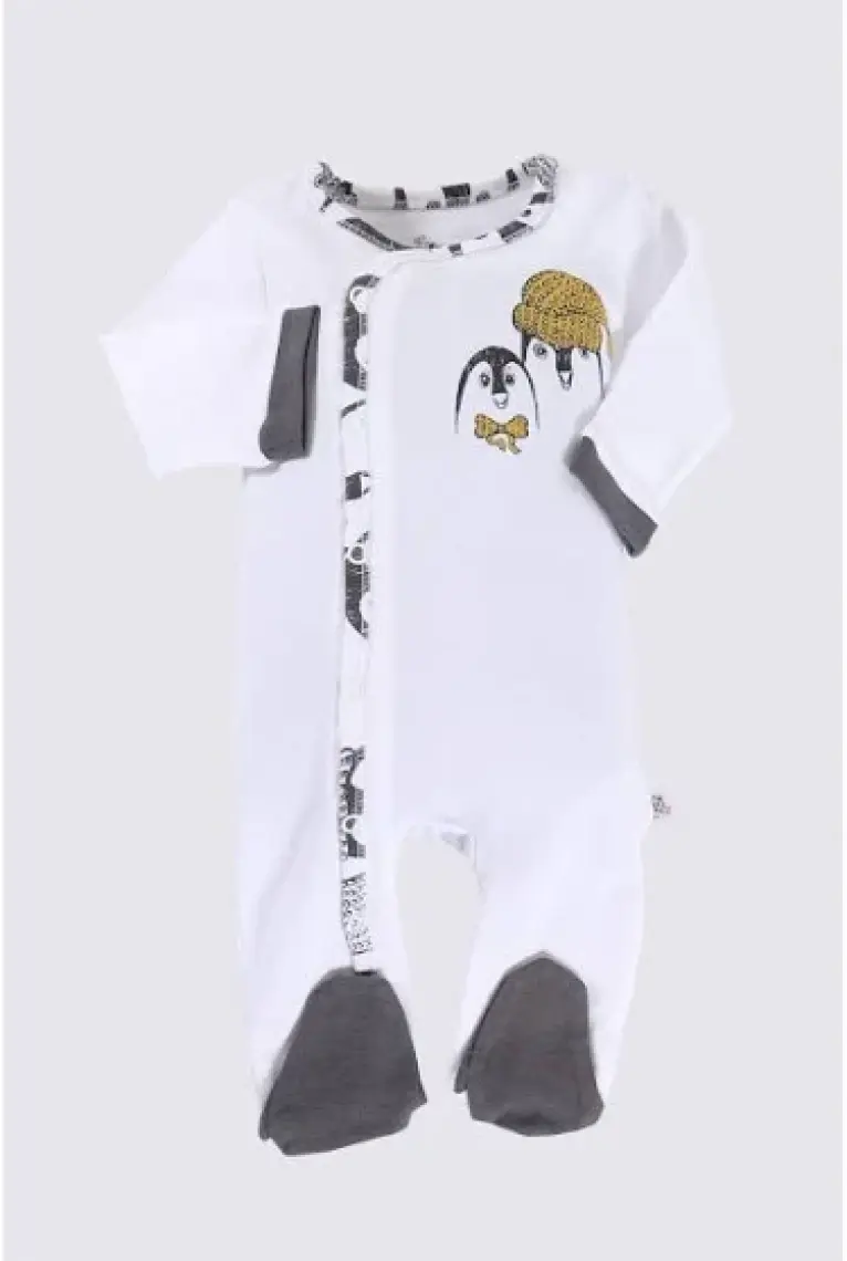 Ecocotton Pingu Baskısız Tulum Beyaz 3-6 Ay