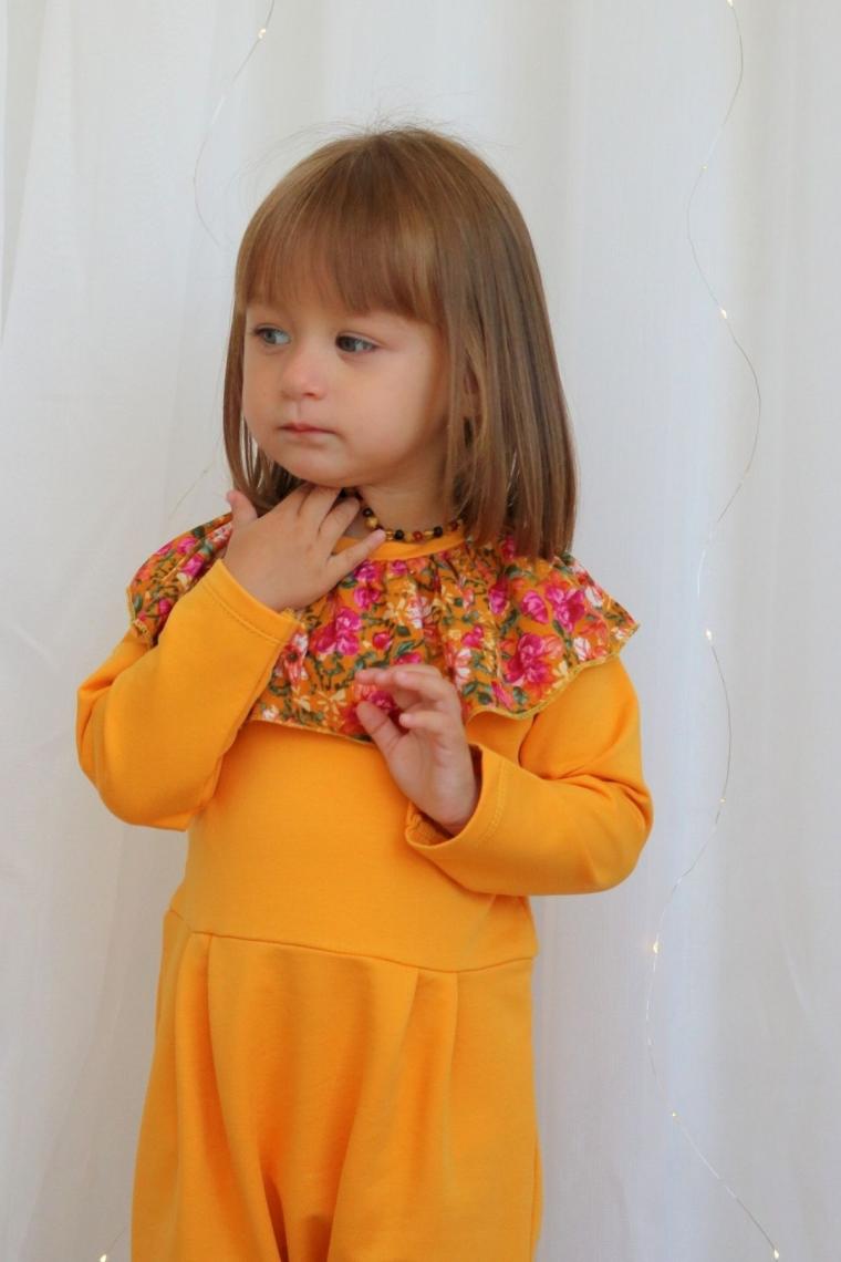 Kız Bebek Lotus Hardal Çiçekli Uzun Kollu Çıtçıtlı Yakalı Tulum