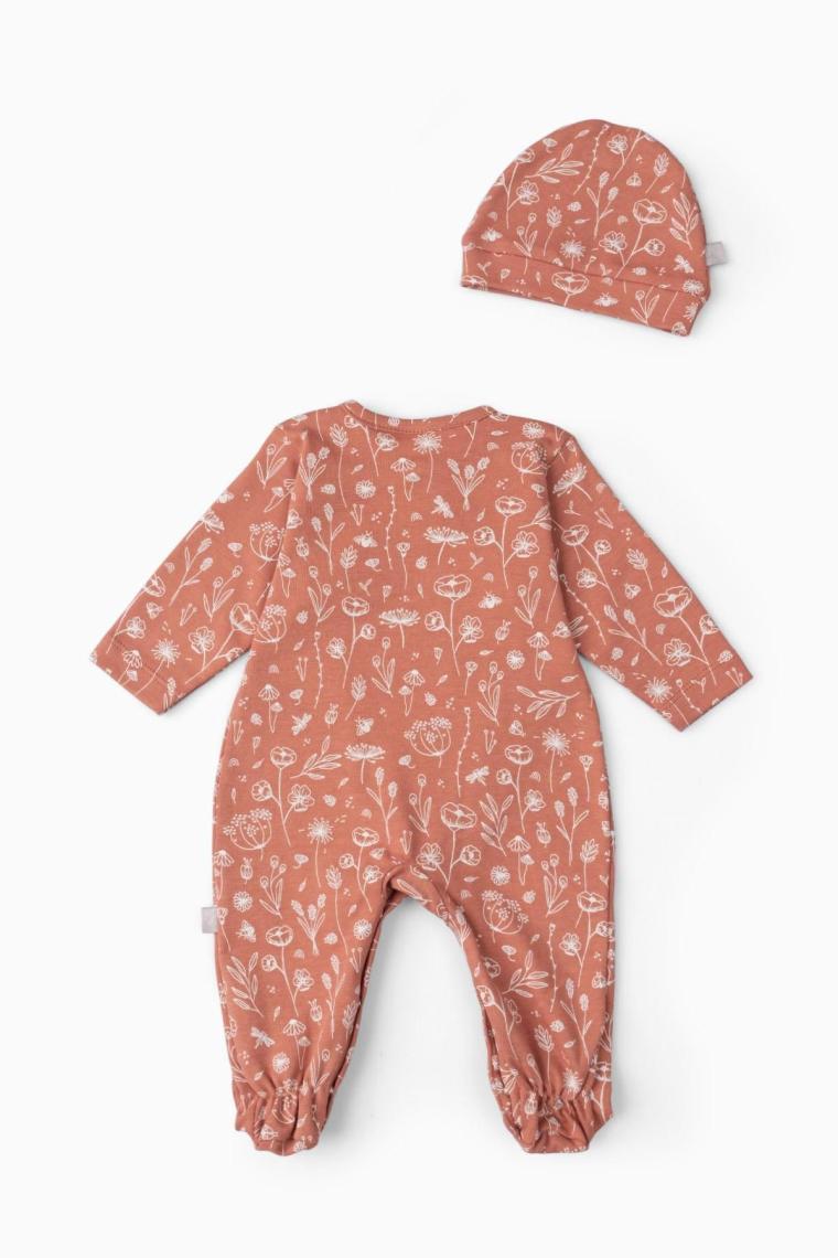 Bebek Patikli Tulum Şapka Set Bahar Çiçekli Kiremit
