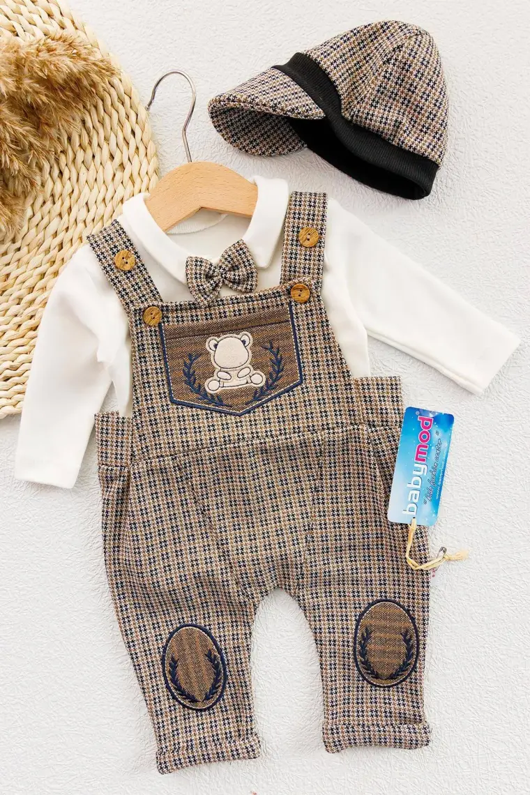Babymod Vintage Desenli Şapkalı Erkek Bebek Tulum Salopet Takım