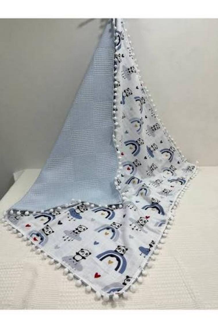 Buse Baby Home Muslin Kumaş ,pikeli ve Ponponlu , %100 Pamuklu Çok Amaçlı Bebek Battaniyesi