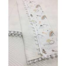 Buse Baby Home Muslin Kumaş ,pikeli ve Ponponlu , %100 Pamuklu Çok Amaçlı Bebek Battaniyesi