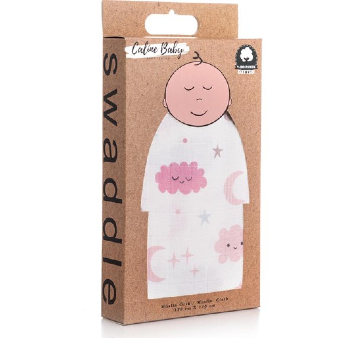 Caline Baby %100 Pamuk Premium & Hafif Müslin Bezi Örtüsü I 120x120 cm I Pembe I Bulut Desenli &  4 Adet Ağız Mendili 27x27cm