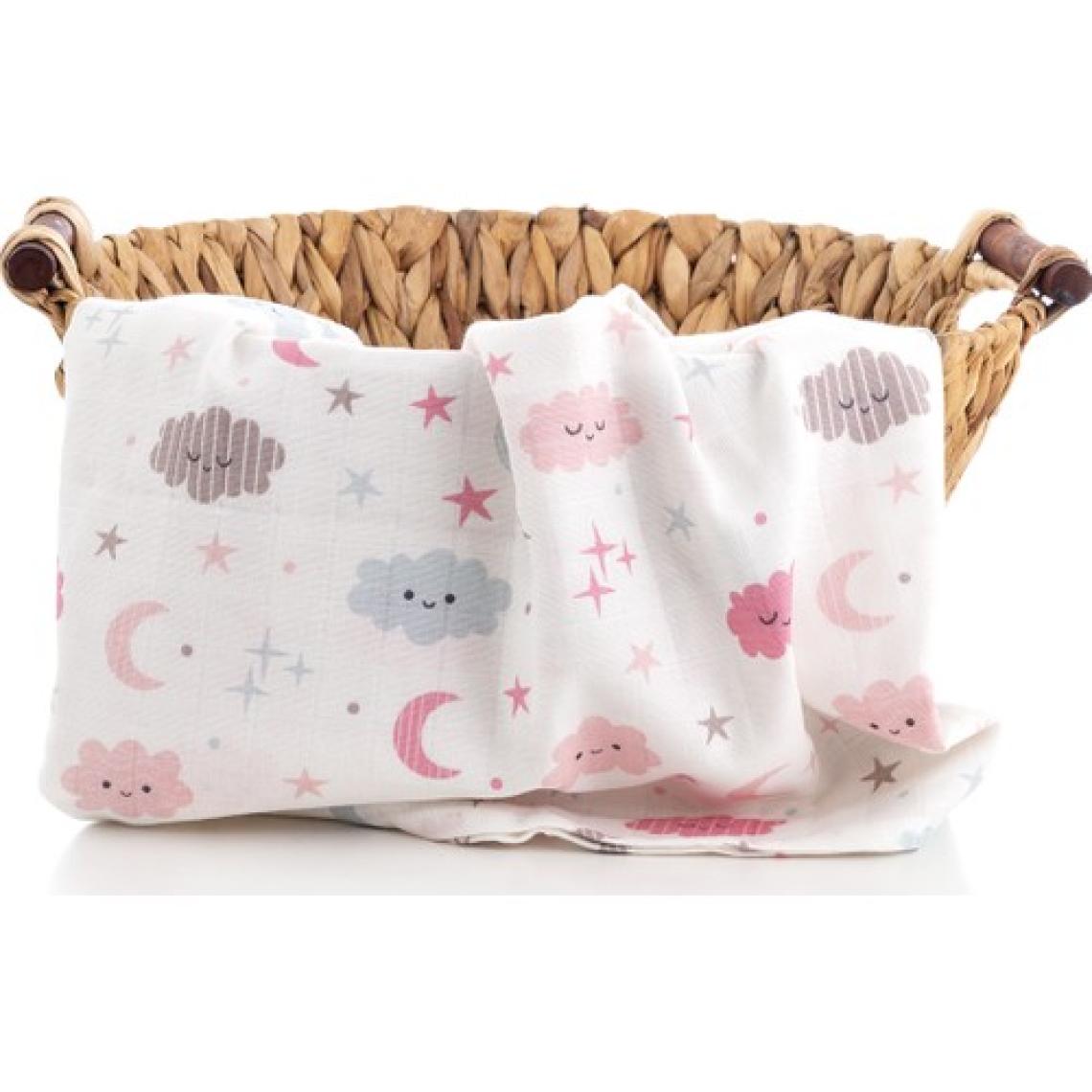 Caline Baby %100 Pamuk Premium & Hafif Müslin Bezi Örtüsü I 120x120 cm I Pembe I Bulut Desenli &  4 Adet Ağız Mendili 27x27cm
