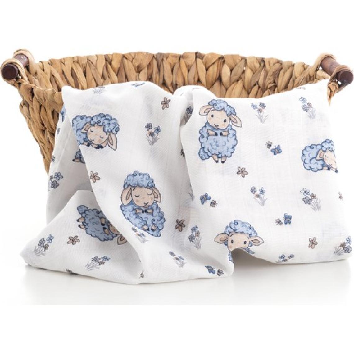 Caline Baby %100 Pamuk Premium & Hafif Müslin Bezi Örtüsü I 120x120 cm I Mavi I Kuzu Desenli &  4 Adet Ağız Mendili 27x27cm