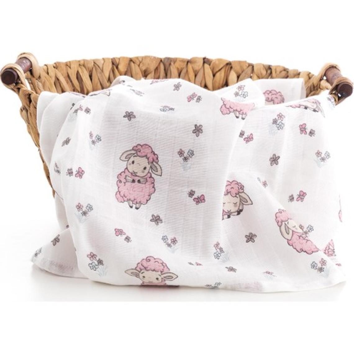 Caline Baby Müslin Bezi Örtü Kuzu Desen - Pembe + 2 Adet Ağız Mendili
