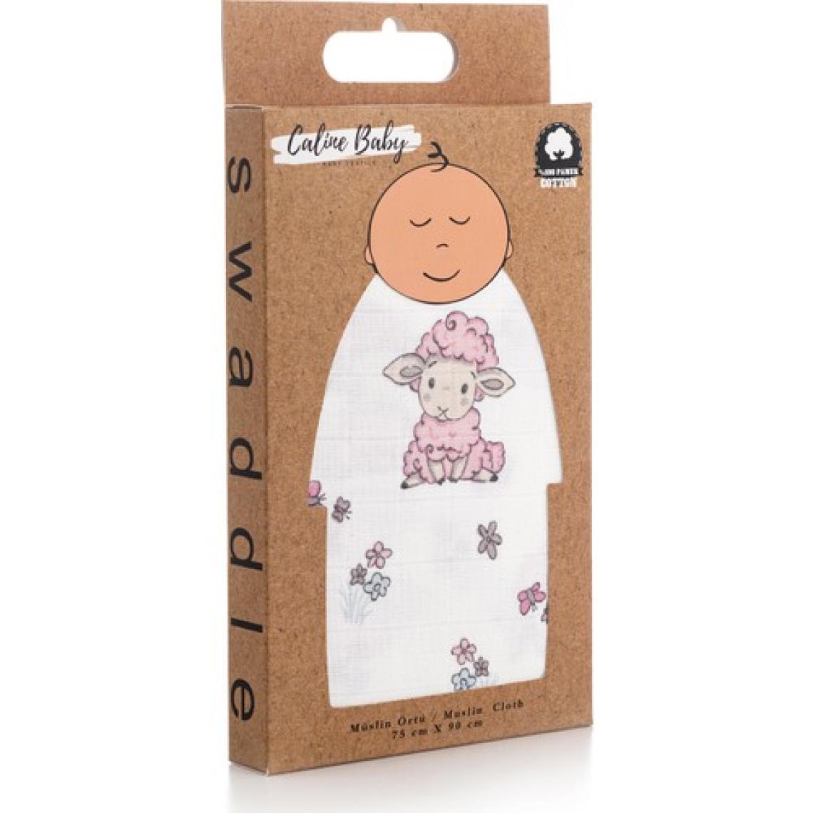 Caline Baby Müslin Bezi Örtü Kuzu Desen - Pembe + 2 Adet Ağız Mendili