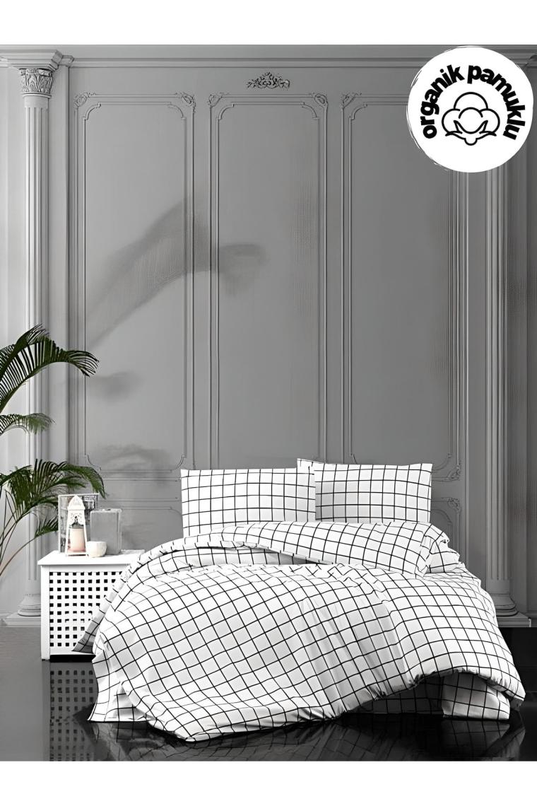 lotusline Home Minikaro Siyah Beyaz Çift Kişilik Pamuklu Nevresim Seti Çarşafsız