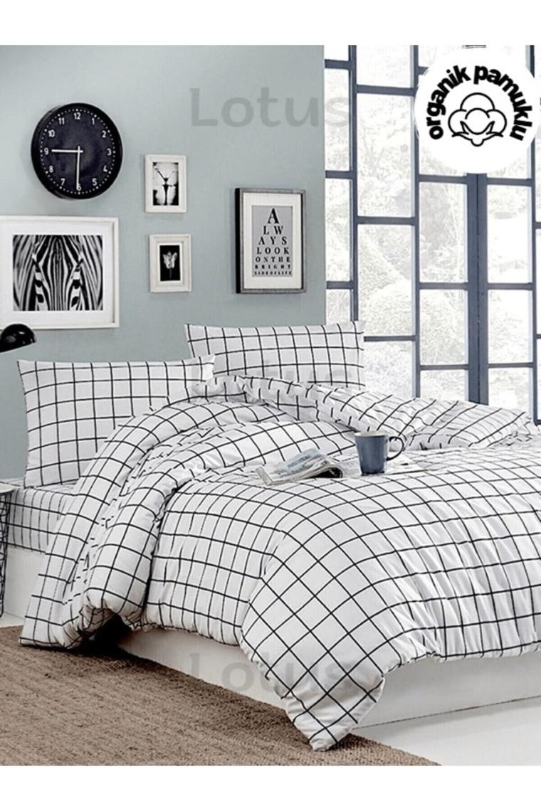 lotusline Home Minikaro Siyah Beyaz Çift Kişilik Pamuklu Nevresim Seti Çarşafsız