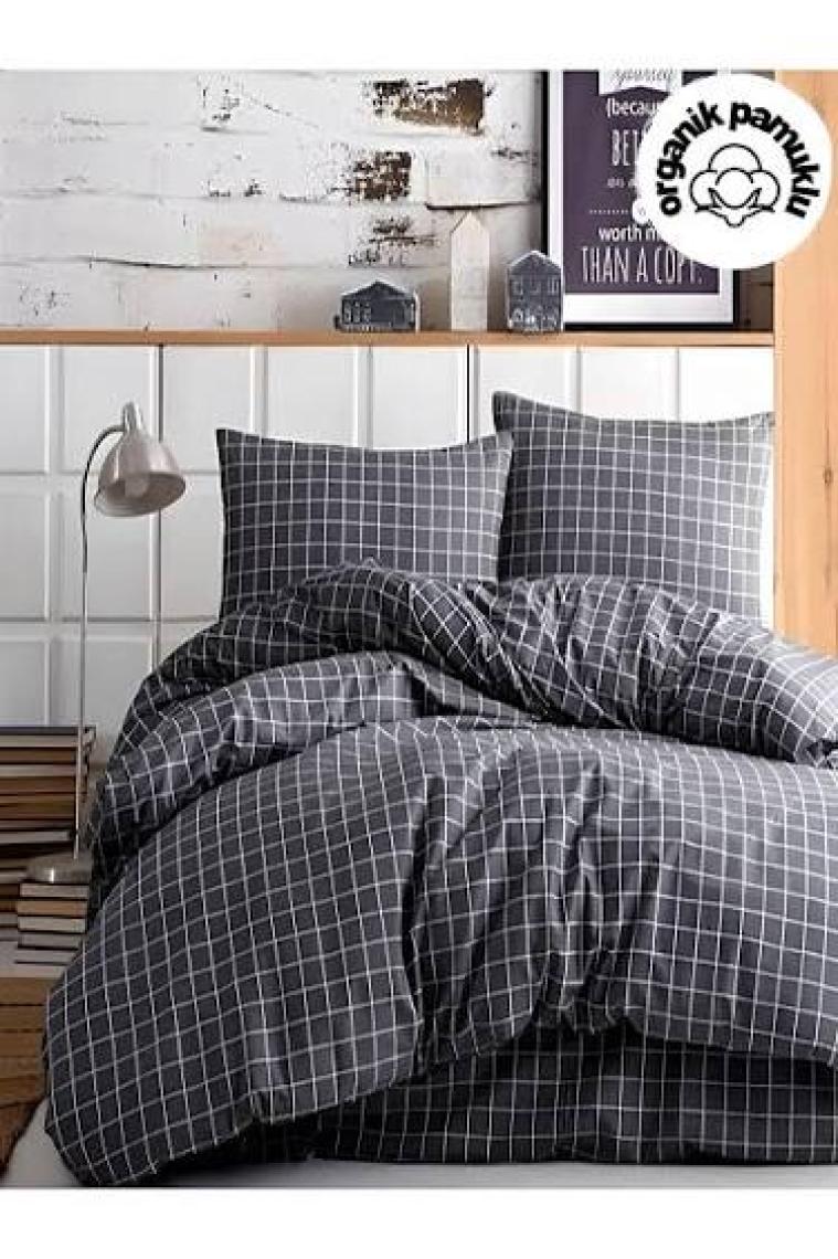 lotusline Home Minikaro Füme Çift Kişilik Pamuklu Nevresim Seti Çarşafsız