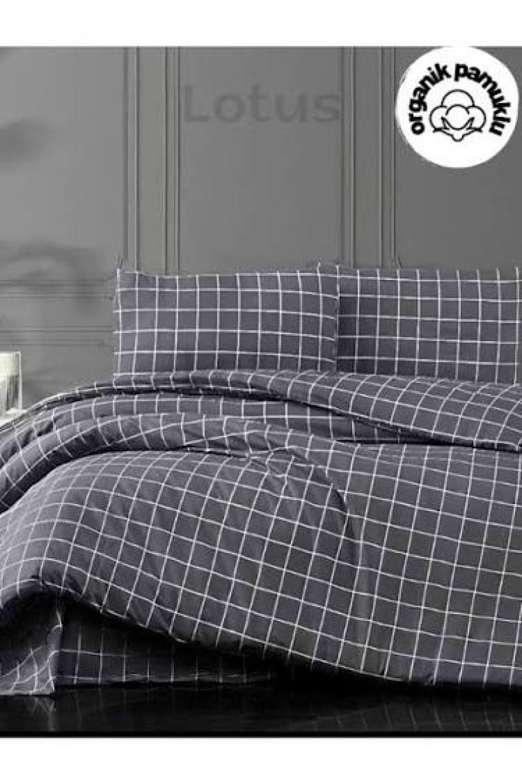 lotusline Home Minikaro Füme Çift Kişilik Pamuklu Nevresim Seti Çarşafsız