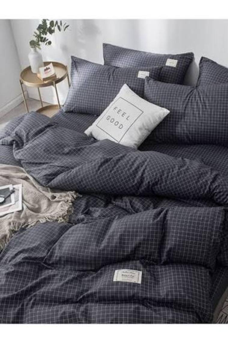 lotusline Home Minikaro Füme Çift Kişilik Pamuklu Nevresim Seti Çarşafsız