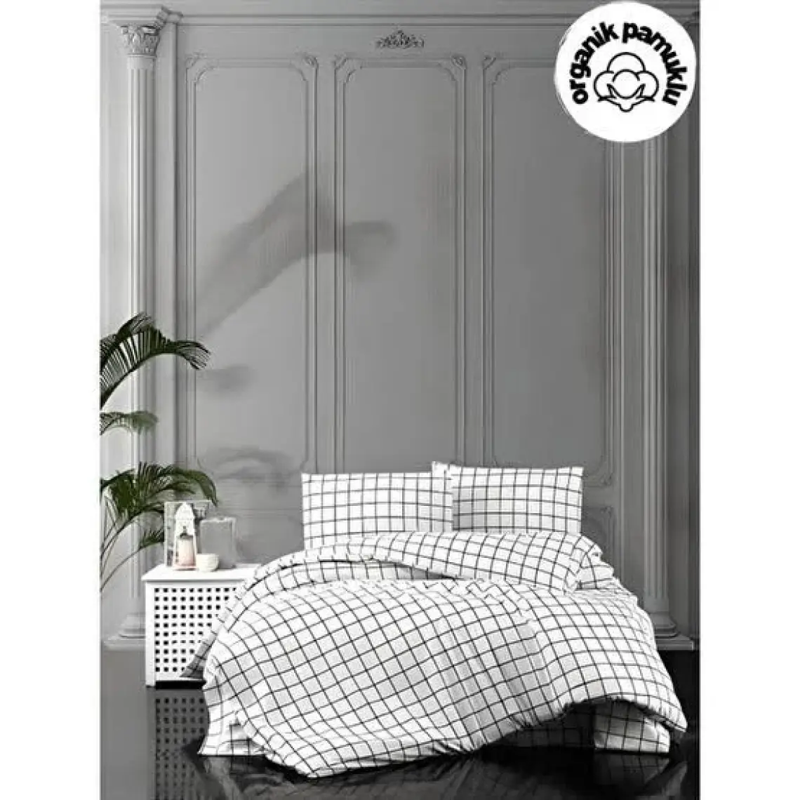 lotusline Home Minikaro Siyah Beyaz Tek Kişilik Pamuklu Nevresim Seti Çarşafsız