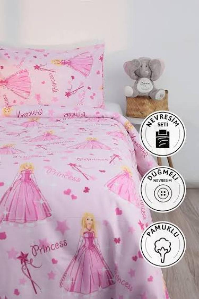 Prenses Desen Pamuklu Ranforce Tek Kişilik Nevresim Seti - Pembe