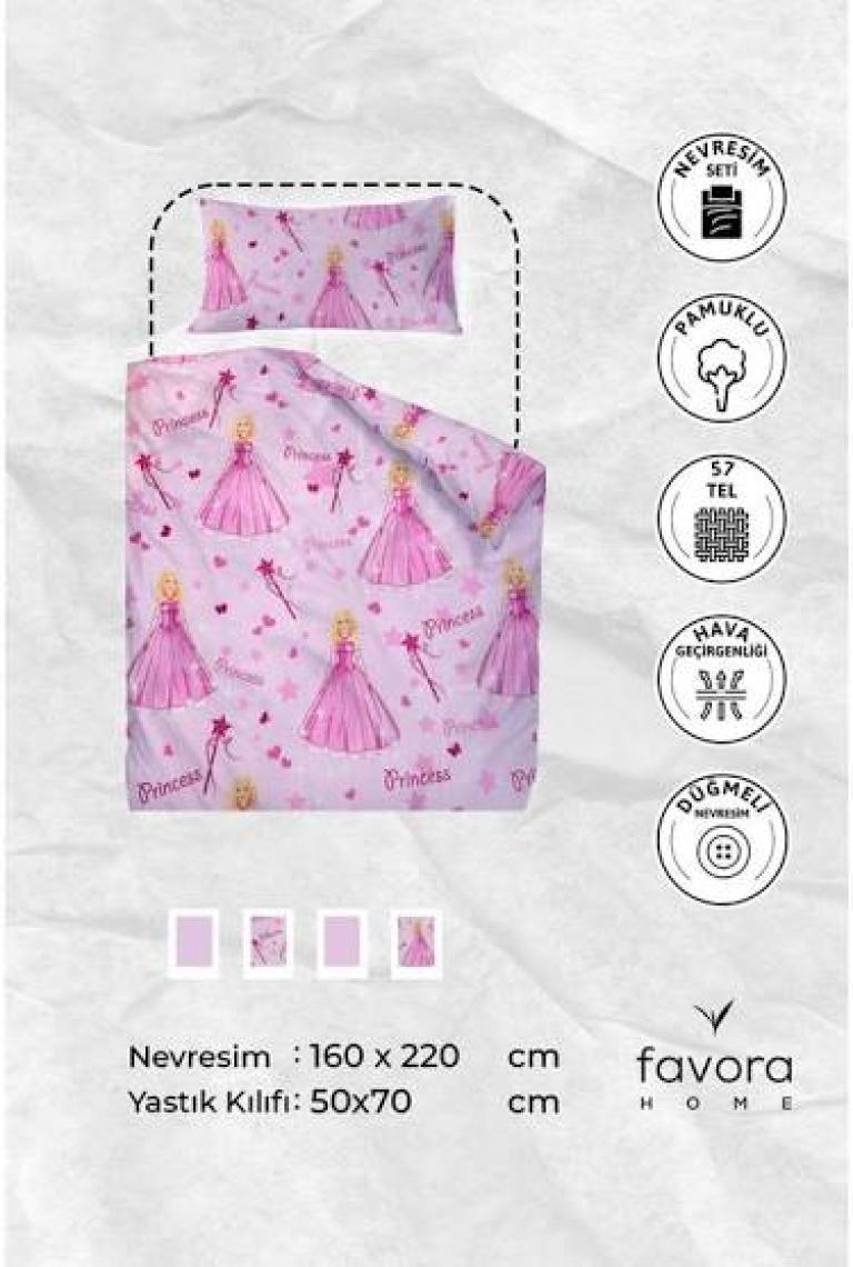 Prenses Desen Pamuklu Ranforce Tek Kişilik Nevresim Seti - Pembe