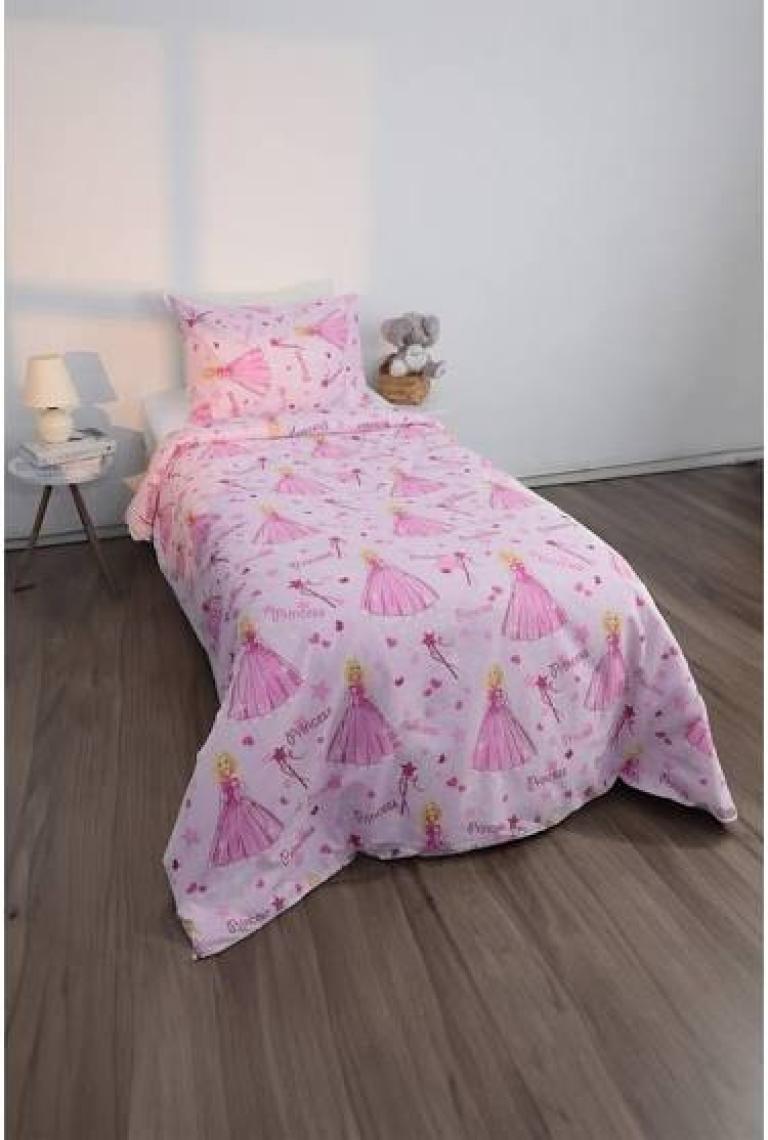 Prenses Desen Pamuklu Ranforce Tek Kişilik Nevresim Seti - Pembe