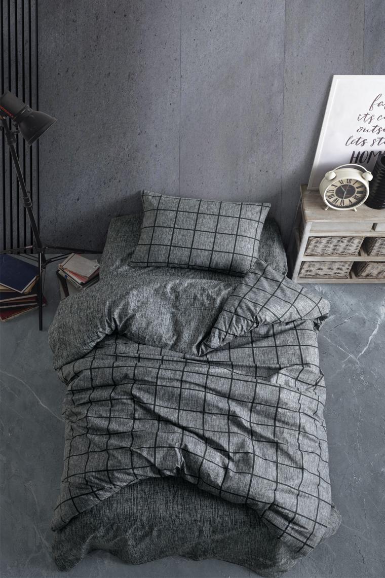 Cozy Home Tek Kişilik Lastikli Çarşaflı Nevresim Takımı Kare Siyah