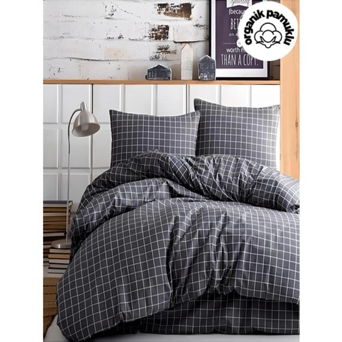 lotusline Home Minikaro Füme Tek Kişilik Pamuklu Nevresim Seti Çarşafsız