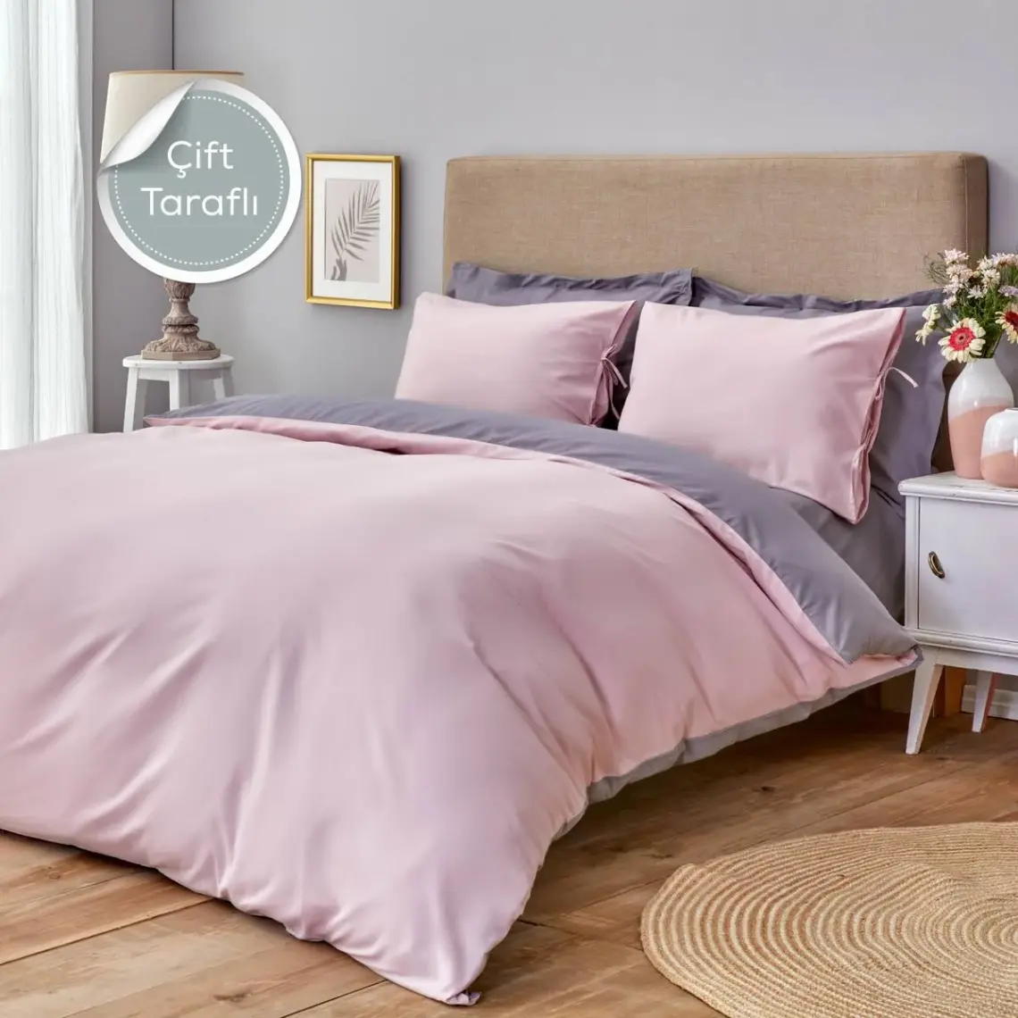 Home Basic Gül Kurusu-Koyu Gri Çift Taraflı Tek Kişilik Nevresim Takımı