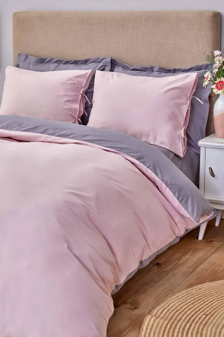 Home Basic Gül Kurusu-Koyu Gri Çift Taraflı Tek Kişilik Nevresim Takımı