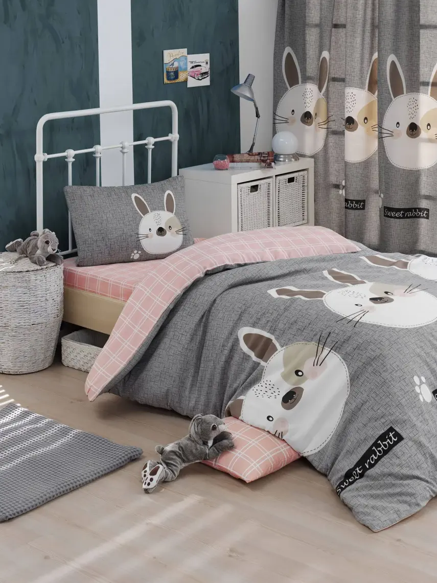 Eponj Home Kolay Ütülenir Nevresim Takımı Tek Kişilik Tavşancık A.Kahve-Gri-Pembe