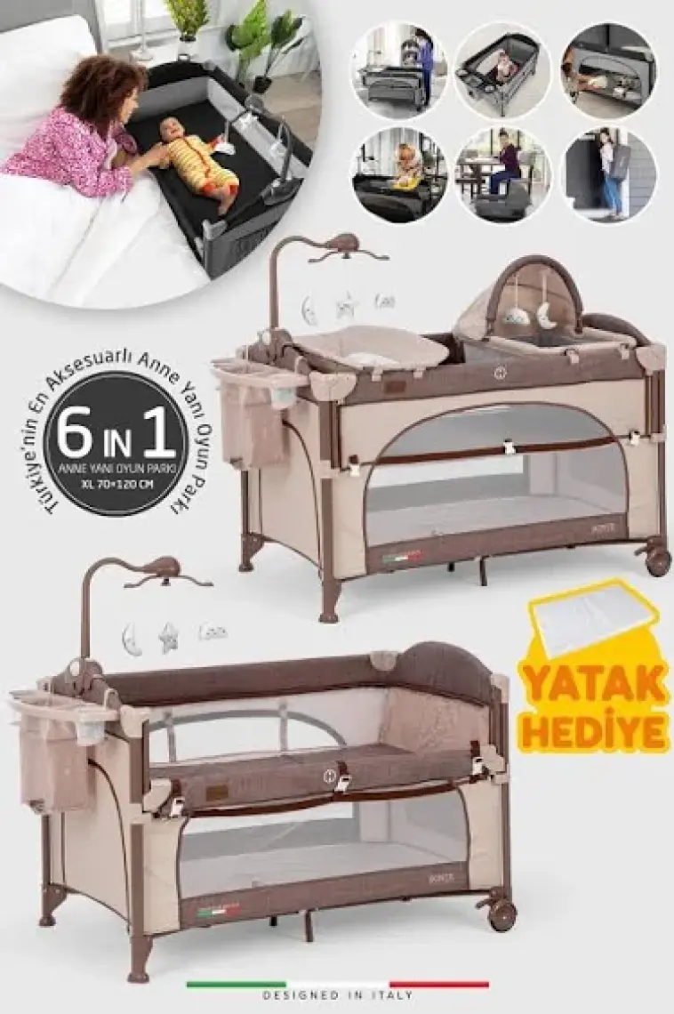 Elele Bonte 2 6in1 Lüks Anne Yanı Oyun Parkı Park Yatak Xl 70X120 cm Kahverengi