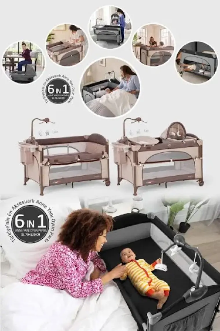 Elele Bonte 2 6in1 Lüks Anne Yanı Oyun Parkı Park Yatak Xl 70X120 cm Kahverengi