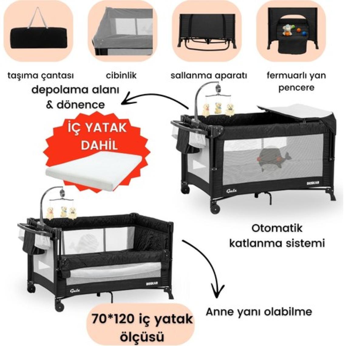 Gulz Beskar Anne Yanı Sallanır Cibinlikli Dönenceli Alt Açmalı Oyun Parkı Park Yatak Bebek Beşik 70X120 cm + Yataklı