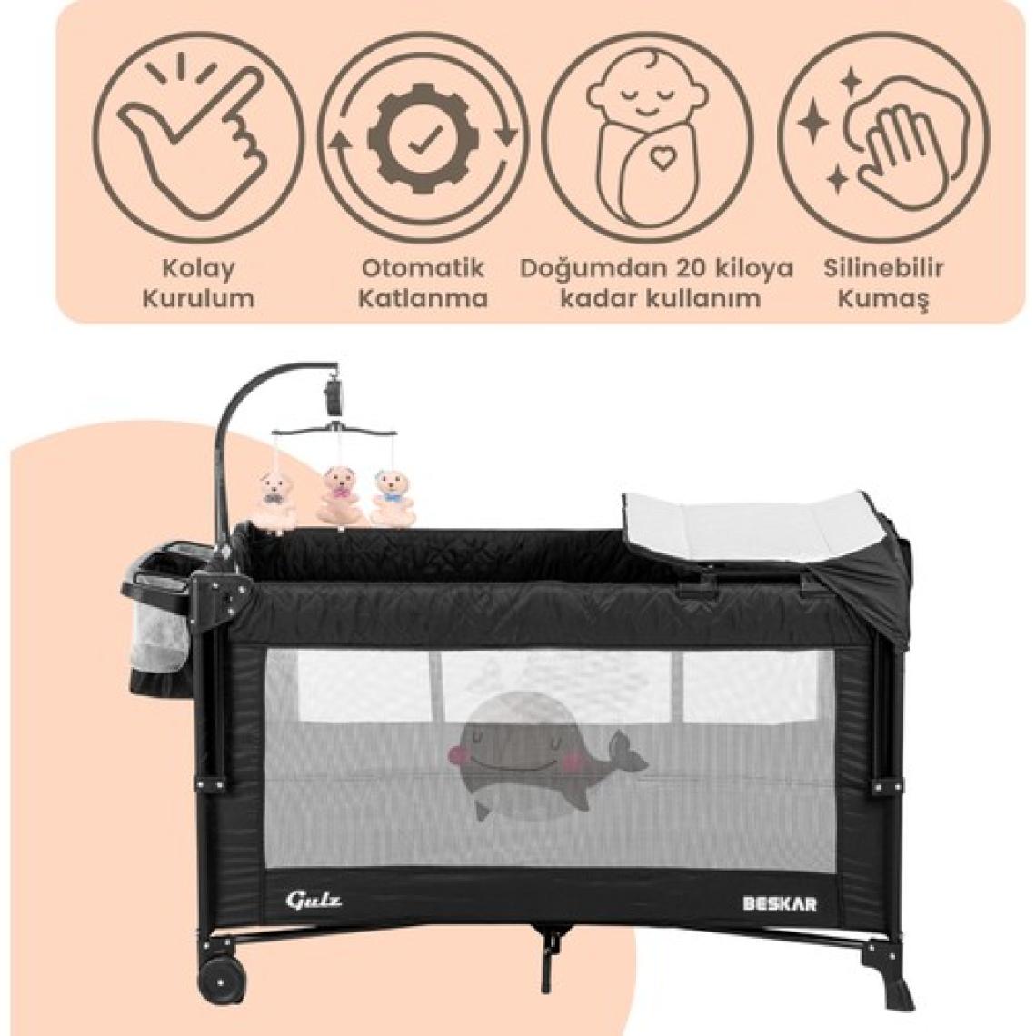 Gulz Beskar Anne Yanı Sallanır Cibinlikli Dönenceli Alt Açmalı Oyun Parkı Park Yatak Bebek Beşik 70X120 cm + Yataklı