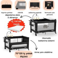 Gulz Beskar Anne Yanı Sallanır Cibinlikli Dönenceli Alt Açmalı Oyun Parkı Park Yatak Bebek Beşik 70X120 cm + Yataklı