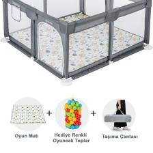 Playard Güvenli Bebek Ve Çocuk Oyun Alanı Oyun Parkı 120x120 Oyun Matı Topları Ve ,yataklı Gri