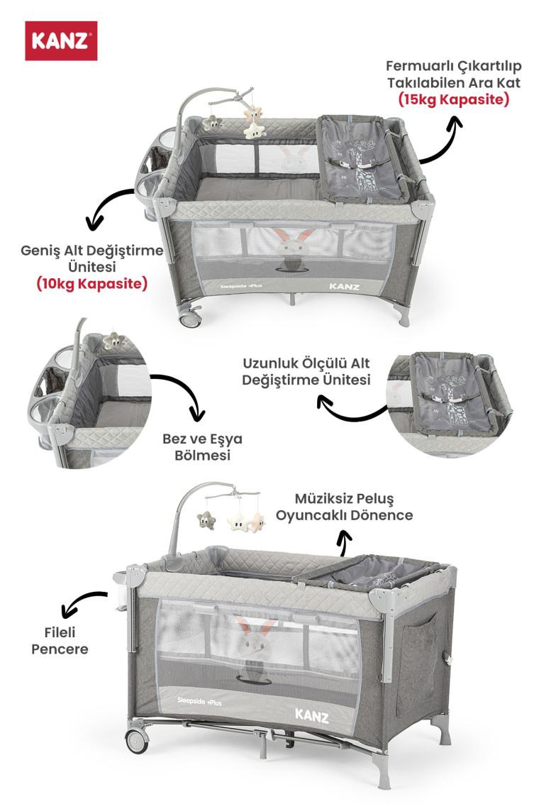 Kanz Sleepside +Plus Anne Yanı Park Yatak ve Oyun Parkı Gri