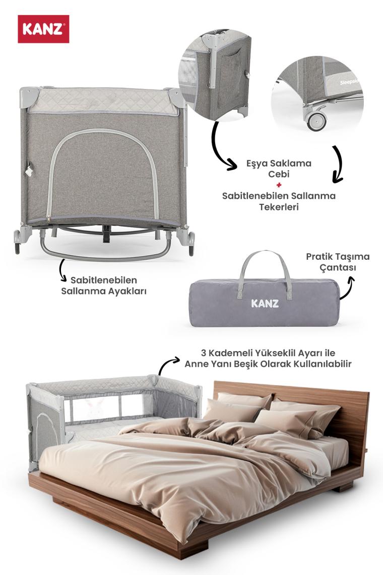 Kanz Sleepside +Plus Anne Yanı Park Yatak ve Oyun Parkı Gri