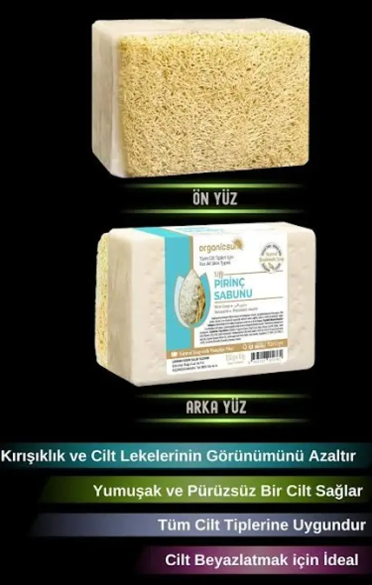 Organicsun Doğal Kabak Lifli Pirinç Sabunu 120 gr Tüm Cilt Tipleri Için Beyazlatma Etkili E ve B Vitaminli